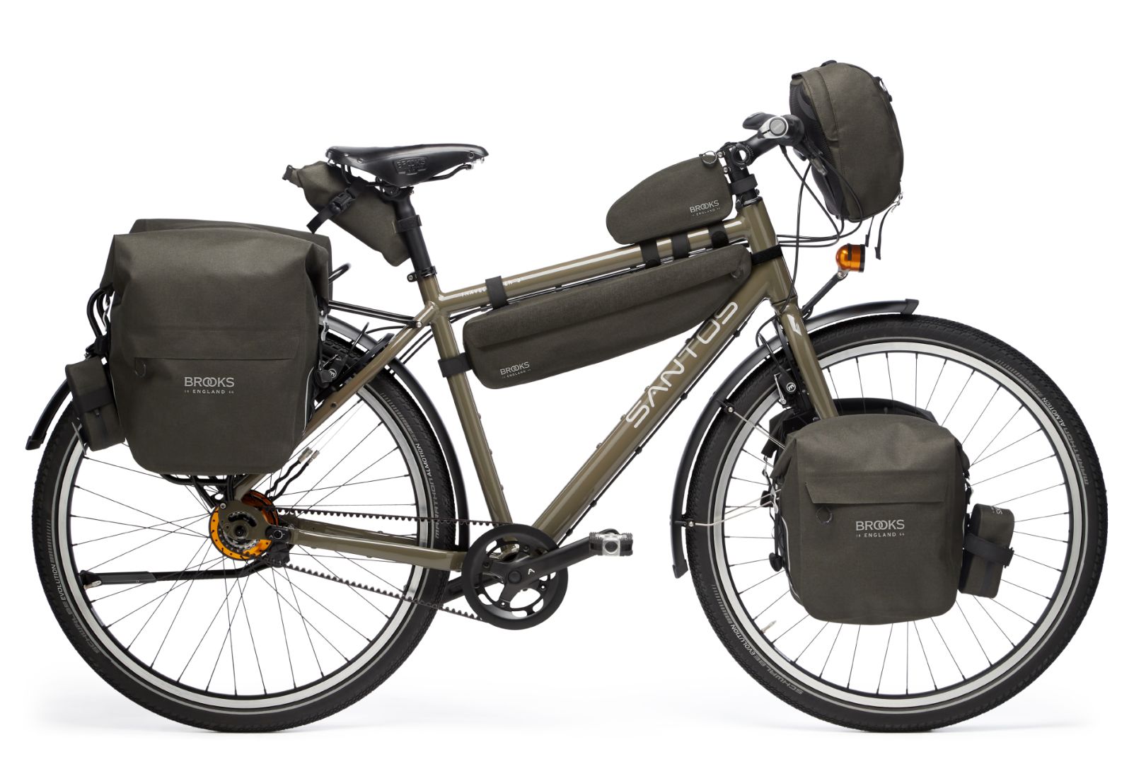 Santos Travelmaster 3+ Earth Grey with brooks bags reisfiets
